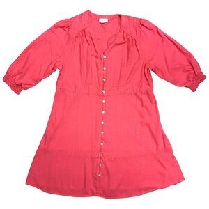 J Jill Linen Blend Balloon Sleeve Flared Button Down Dress Large Relaxed Coral